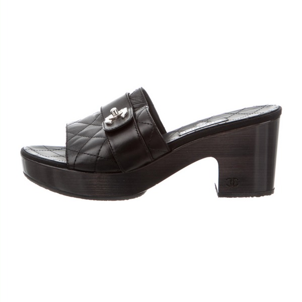 CHANEL White Black Logo Leather Mules Slides Heels Sandals For Sale at  1stDibs