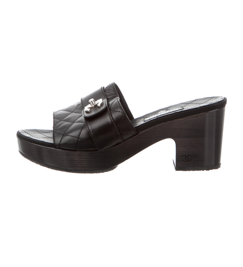 Chanel Black Leather CC Slide Wedge Sandals Size 39.5 at 1stDibs