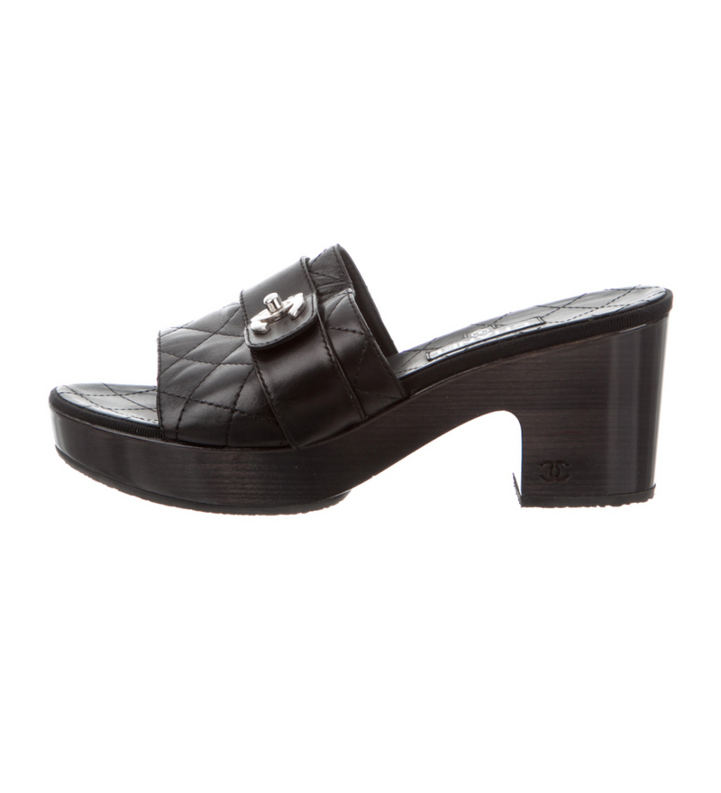 CHANEL Black Quilted Leather Slides/ Mules Size 38.5