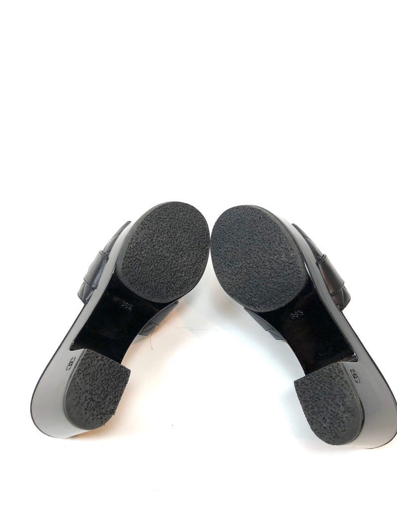 CHANEL Black Quilted Leather Slides/ Mules Size 38.5