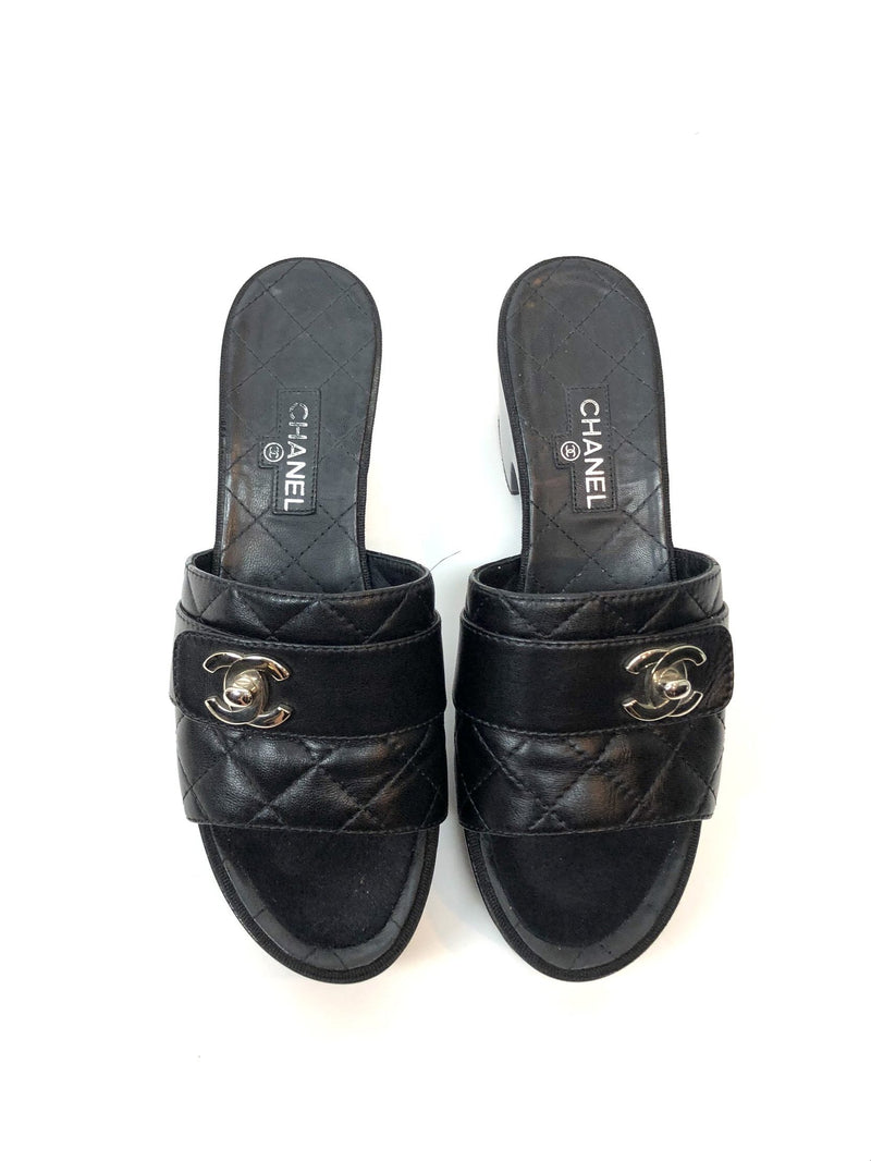 CHANEL Black Quilted Leather Slides/ Mules Size 38.5