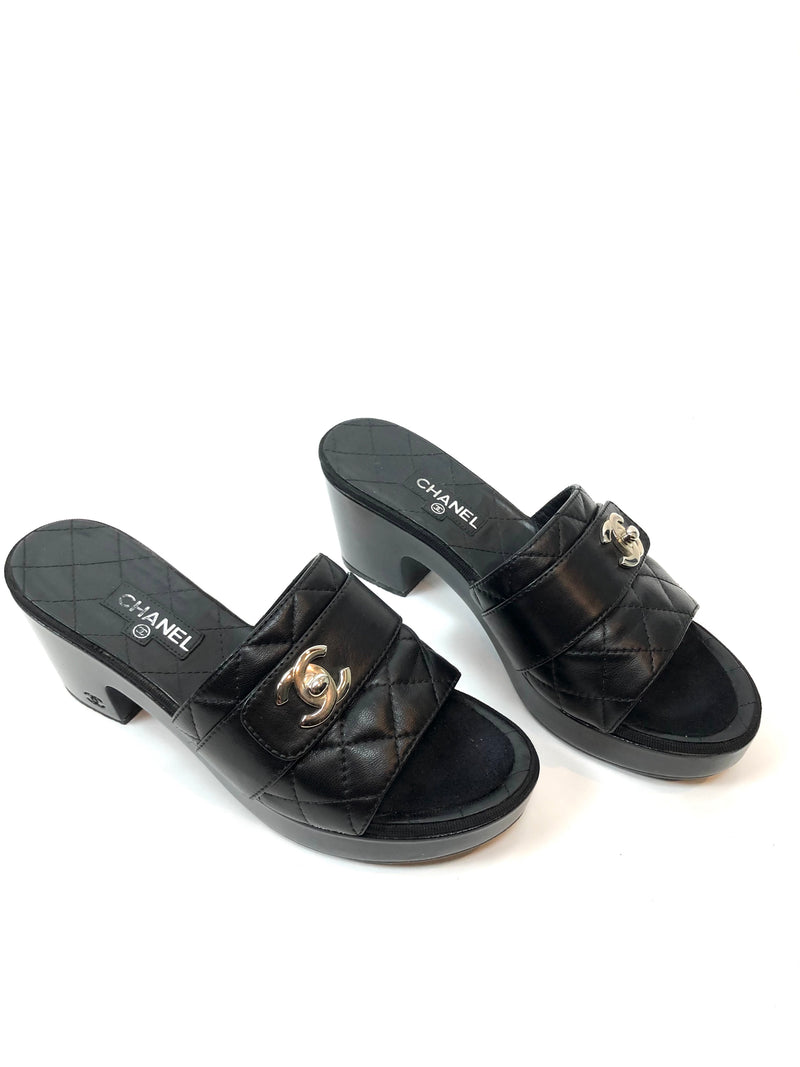 CHANEL Black Quilted Leather Slides/ Mules Size 38.5