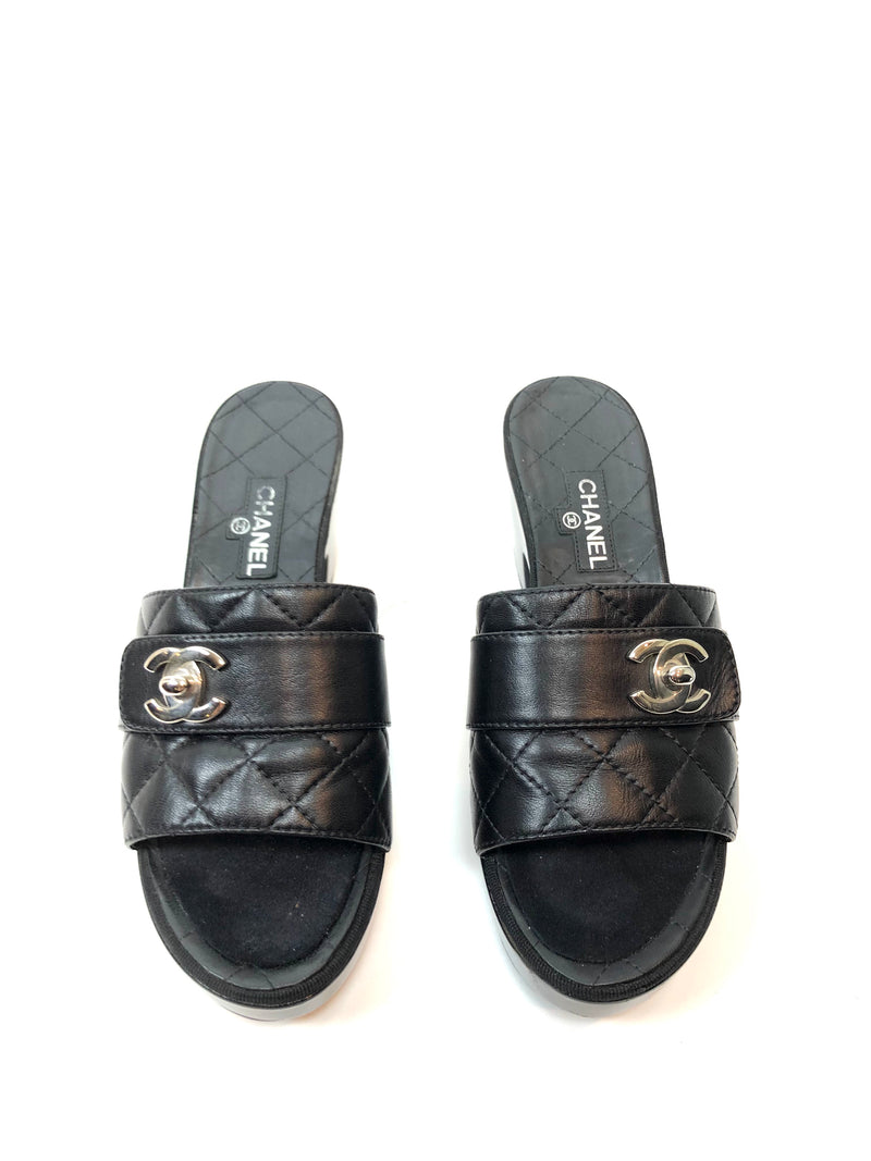 CHANEL Black Quilted Leather Slides/ Mules Size 38.5