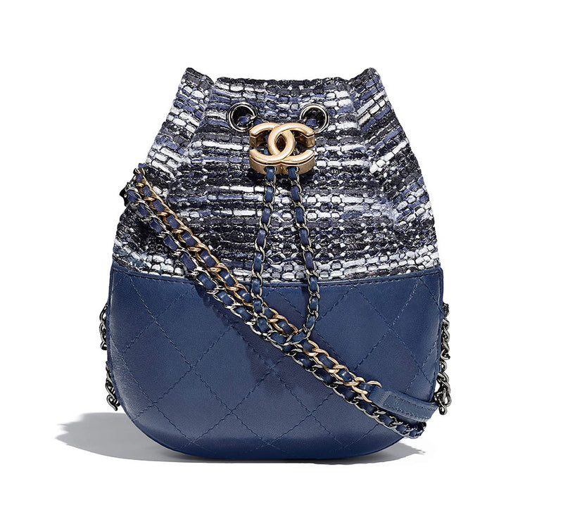 CHANEL NWT Blue Tweed Calfskin Quilted Small Gabrielle Bucket Bag